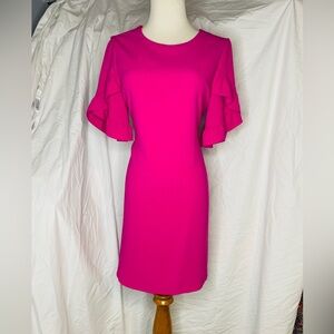 Charles Henry Hot Pink Ruffle Sleeve Midi Dress